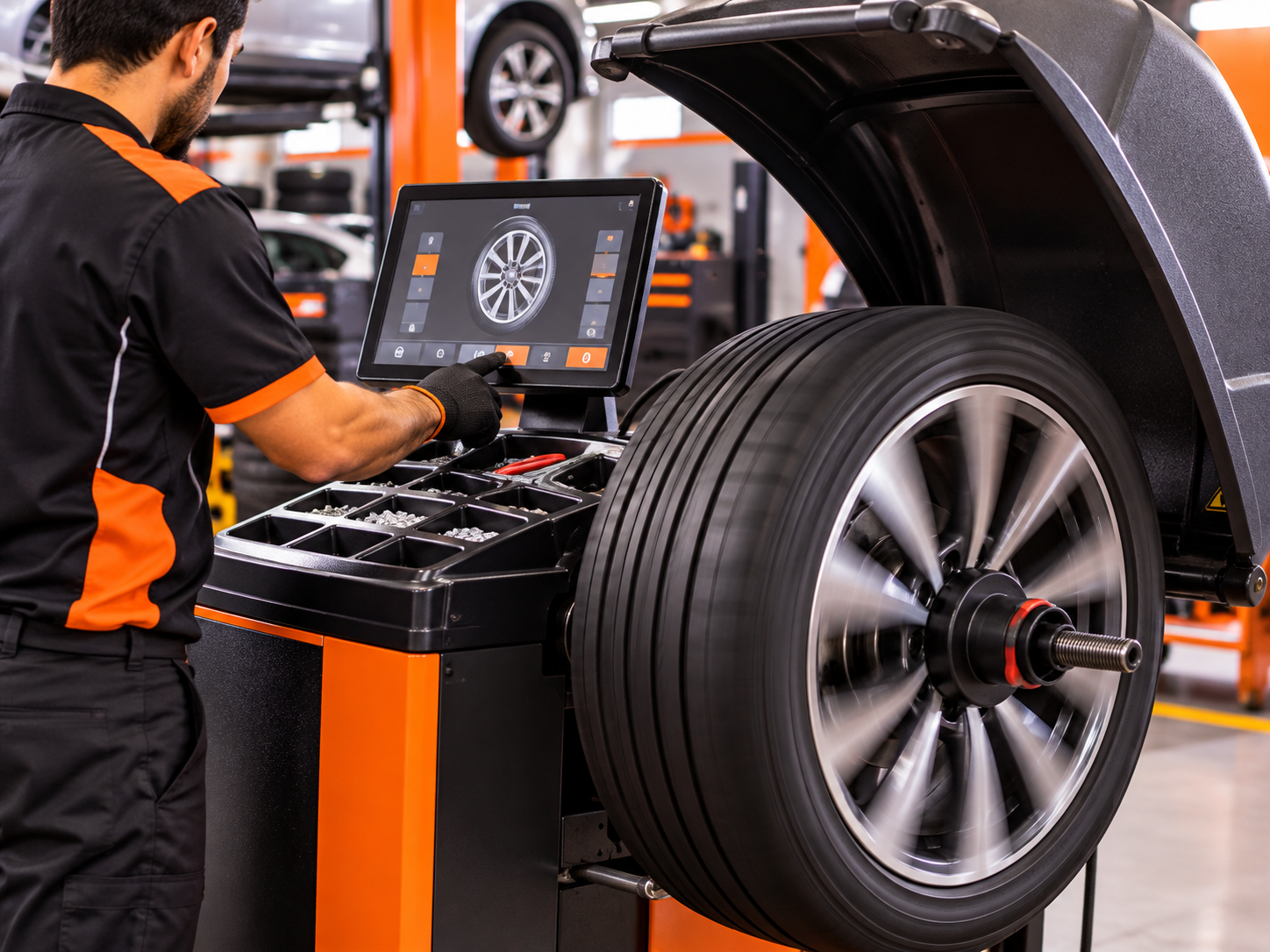 Serviço de balanceamento de roda em oficina automotiva